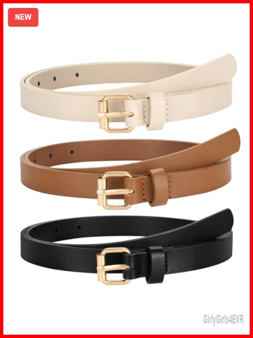 3 Pack Women's Skinny PU Leather Belts with Gold Buckle Thin Waist Belt